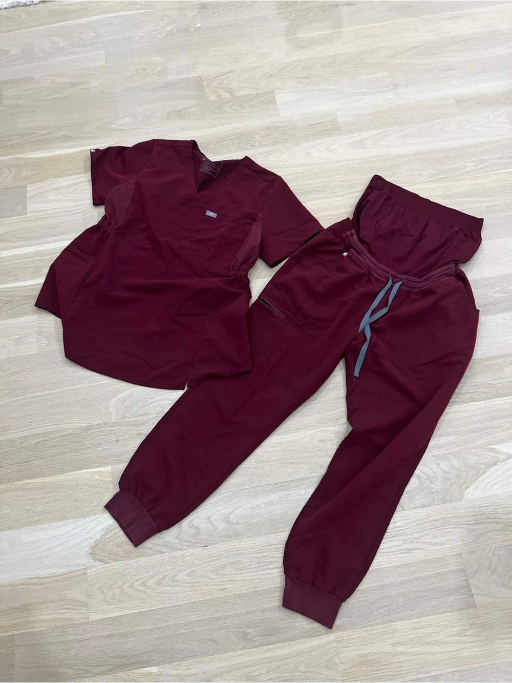 Figs V-neck MATERNITY Scrub Top and bottom (joggers) in Deep Burgundy